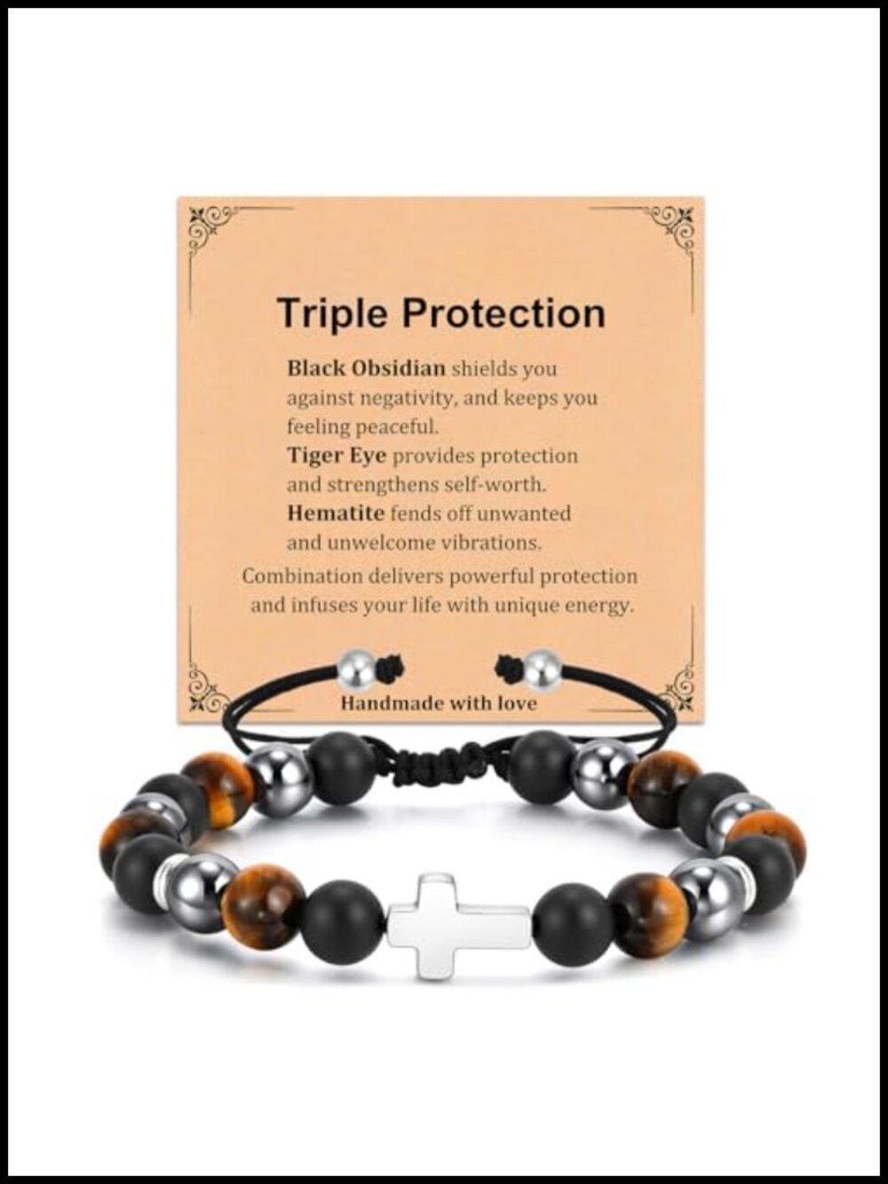 Mens Cross Bracelet Adjustable Natural Black Onyx Stainless Steel Christian Gift